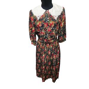 Vintage Breli ll Black Red Floral Lace Collar Midi Dress 12 Medium Large Cottage